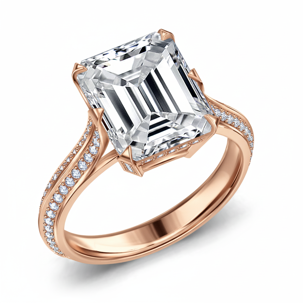 Emerald cut diamond engagement ring in rose gold