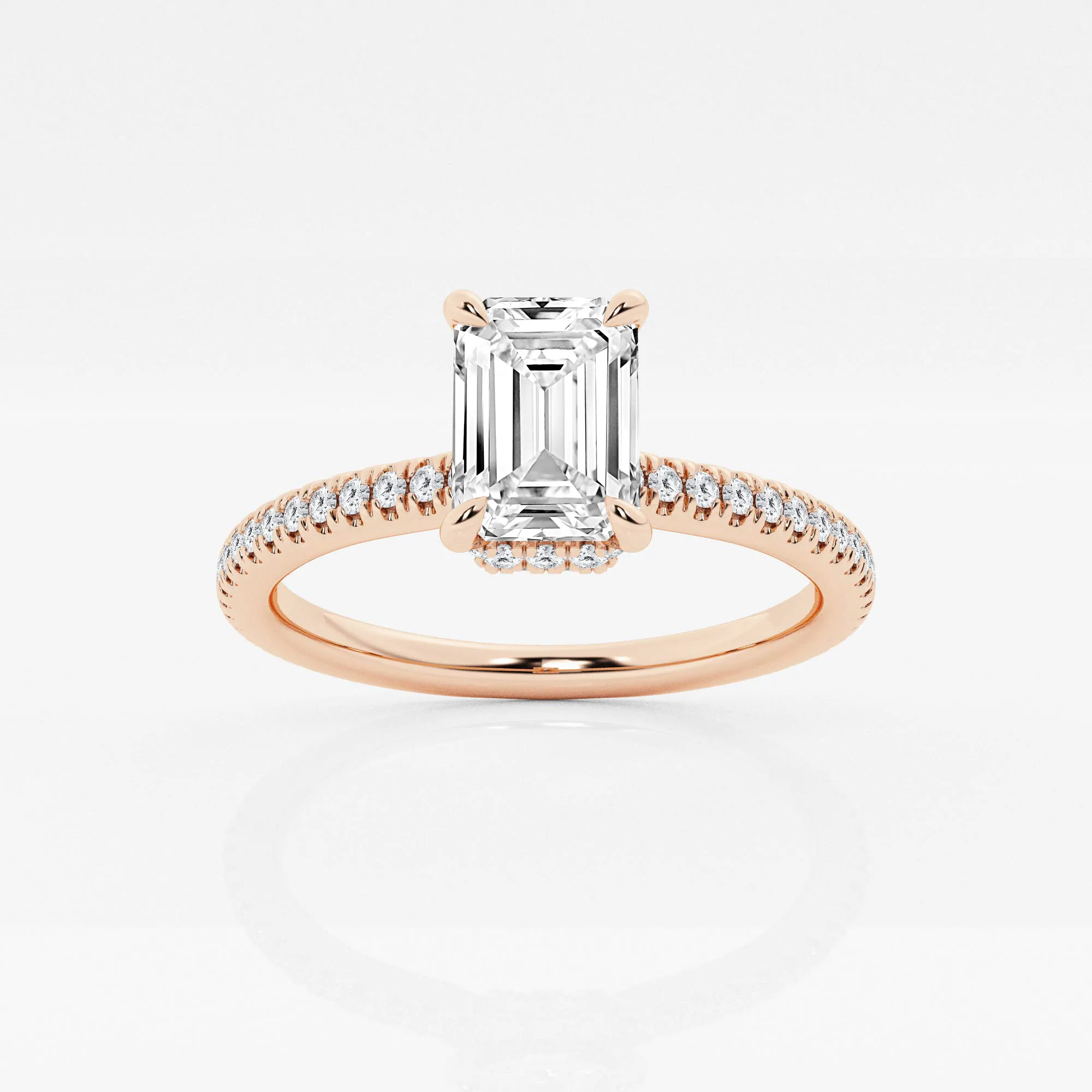 1.5 carat F color VS1 emerald cut halo diamond engagement ring in 14k rose gold
