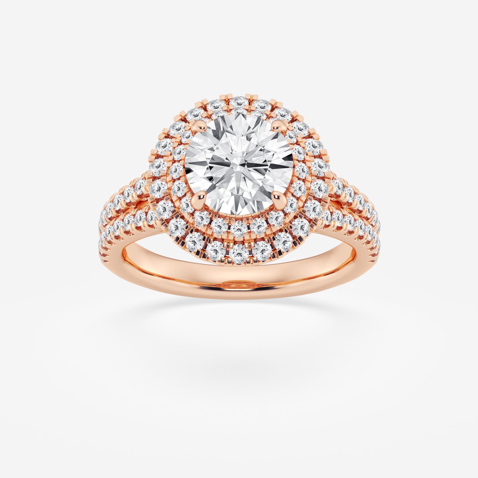 1 carat F color VS2 lab-grown round double halo diamond engagement ring in 14k rose gold